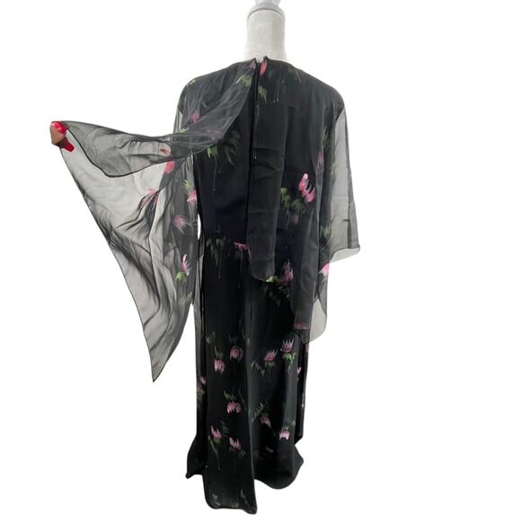 VTG 80s Black Chiffon Floral Maxi Dress Sz M Witchy Whimsigoth Cape Fairy Grunge - Picture 4 of 6